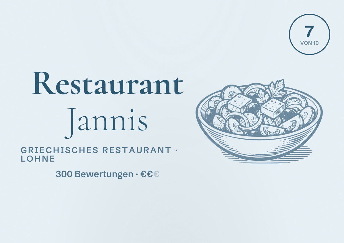 Illustriertes Poster von Restaurant Jannis, Griechisches Restaurant in Lohne: Bewertung 7 von 10 aus 300 Bewertungen, Preisniveau €€