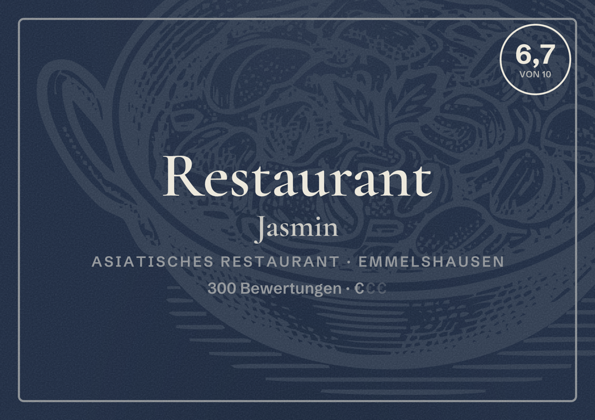 Illustriertes Poster von Restaurant Jasmin, Asiatisches Restaurant in Emmelshausen: Bewertung 6,7 von 10 aus 300 Bewertungen, Preisniveau €