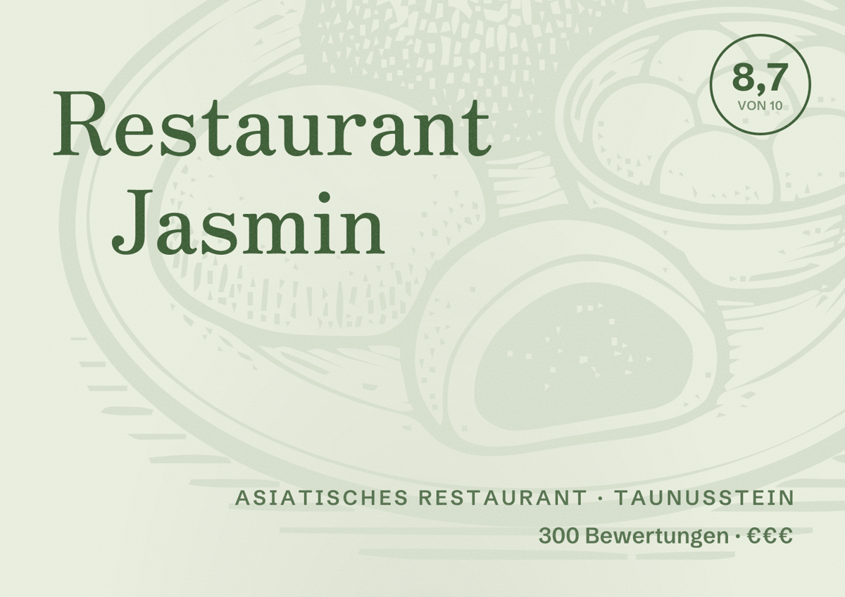 Illustriertes Poster von Restaurant Jasmin, Asiatisches Restaurant in Taunusstein: Bewertung 8,7 von 10 aus 300 Bewertungen, Preisniveau €€€