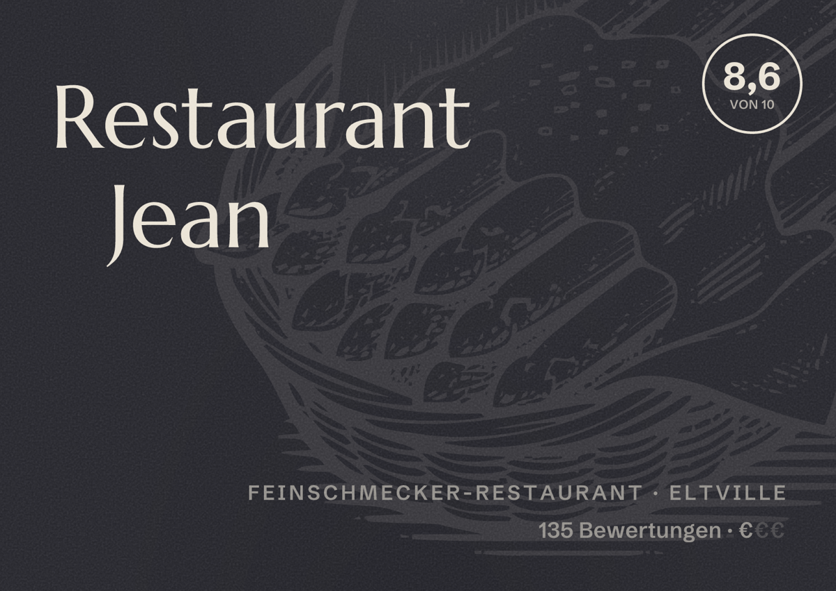 Illustriertes Poster von Restaurant Jean, Feinschmecker-Restaurant in Eltville: Bewertung 8,6 von 10 aus 135 Bewertungen, Preisniveau €