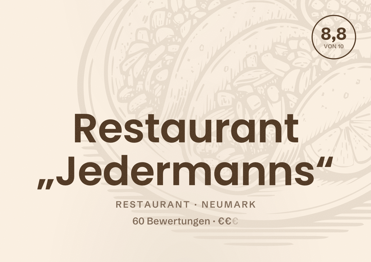 Illustriertes Poster von Restaurant „Jedermanns“, Restaurant in Neumark: Bewertung 8,8 von 10 aus 60 Bewertungen, Preisniveau €€