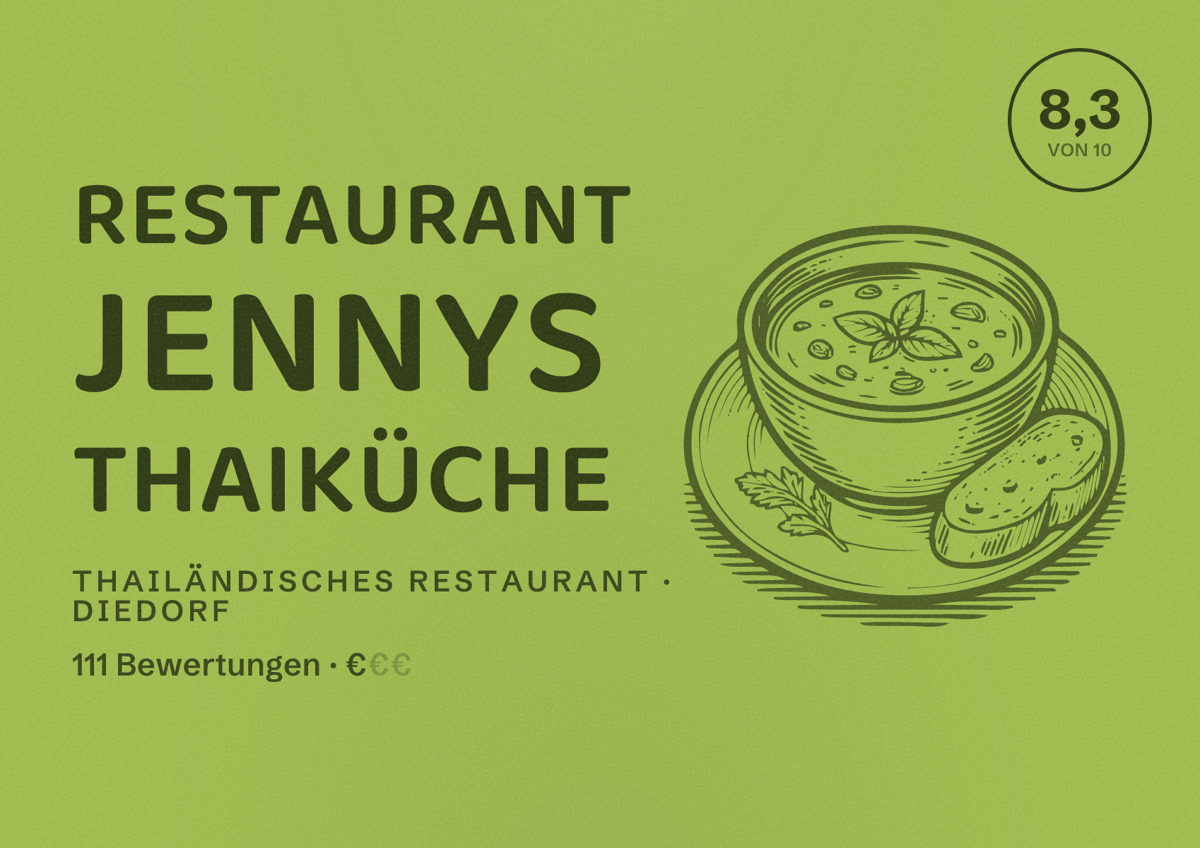 Illustriertes Poster von Restaurant Jennys Thaiküche, Thailändisches Restaurant in Diedorf: Bewertung 8,3 von 10 aus 111 Bewertungen, Preisniveau €