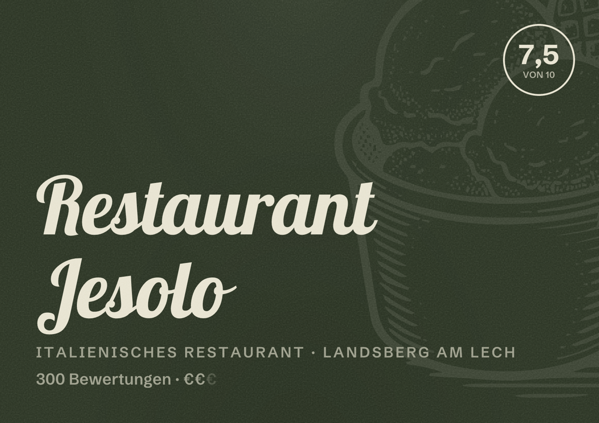 Illustriertes Poster von Restaurant Jesolo, Italienisches Restaurant in Landsberg am Lech: Bewertung 7,5 von 10 aus 300 Bewertungen, Preisniveau €€