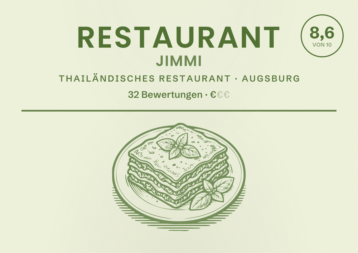 Illustriertes Poster von Restaurant Jimmi, Thailändisches Restaurant in Augsburg: Bewertung 8,6 von 10 aus 32 Bewertungen, Preisniveau €