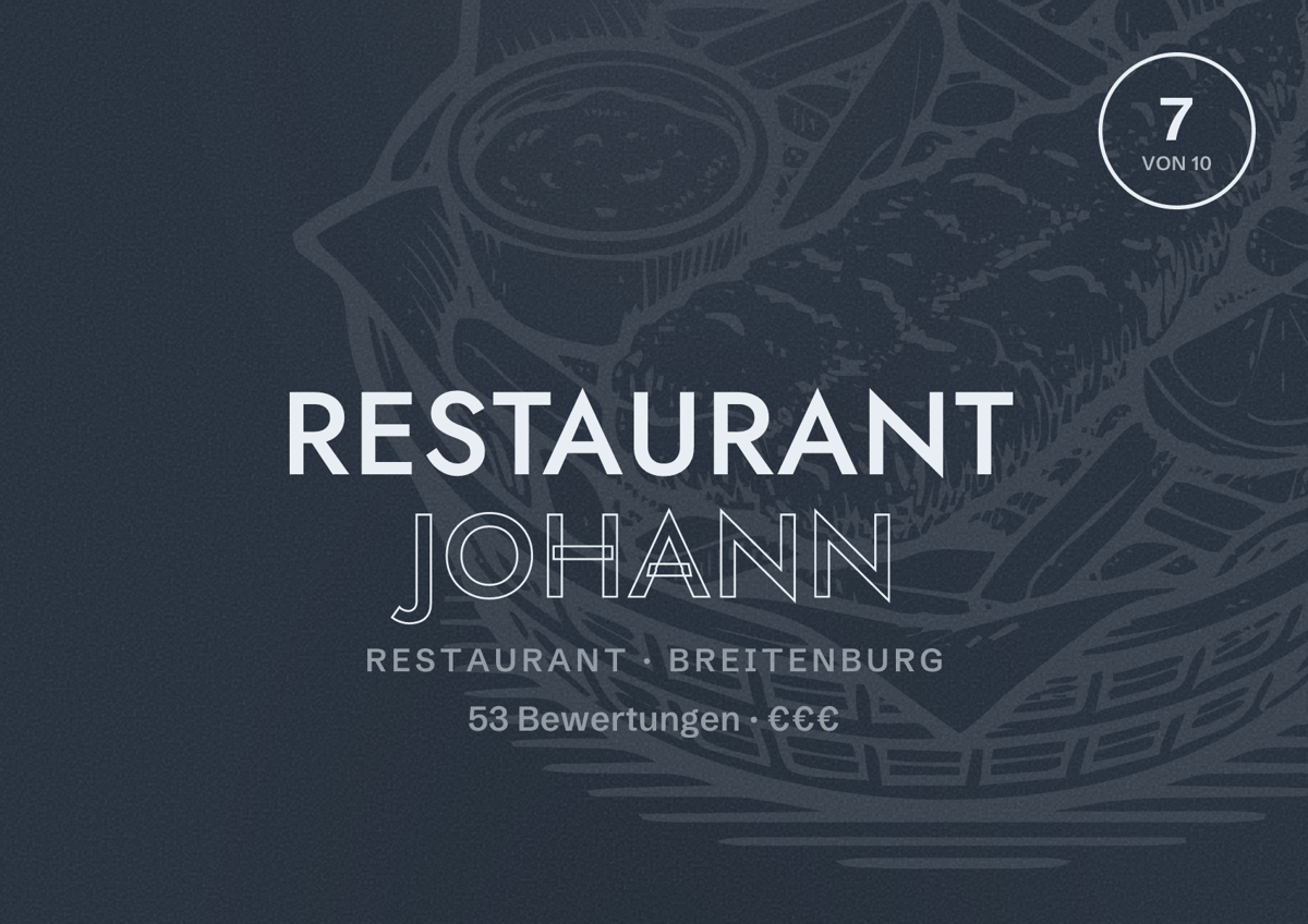 Illustriertes Poster von Restaurant Johann, Restaurant in Breitenburg: Bewertung 7 von 10 aus 53 Bewertungen, Preisniveau €€€