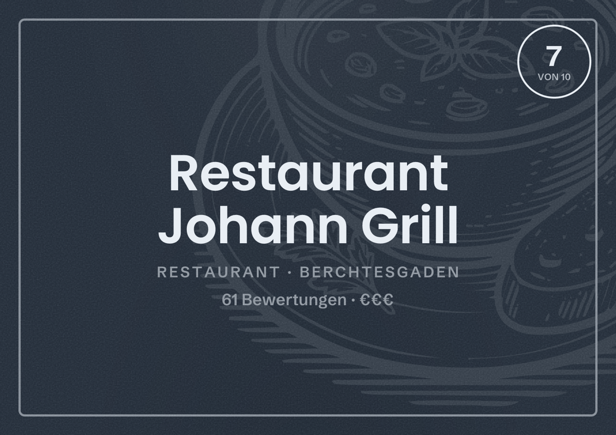 Illustriertes Poster von Restaurant Johann Grill, Restaurant in Berchtesgaden: Bewertung 7 von 10 aus 61 Bewertungen, Preisniveau €€€