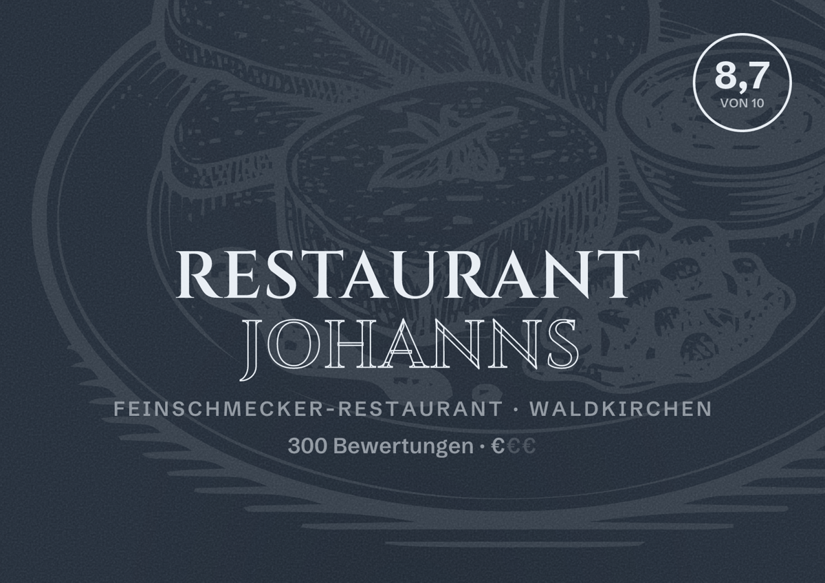Illustriertes Poster von Restaurant Johanns, Feinschmecker-Restaurant in Waldkirchen: Bewertung 8,7 von 10 aus 300 Bewertungen, Preisniveau €