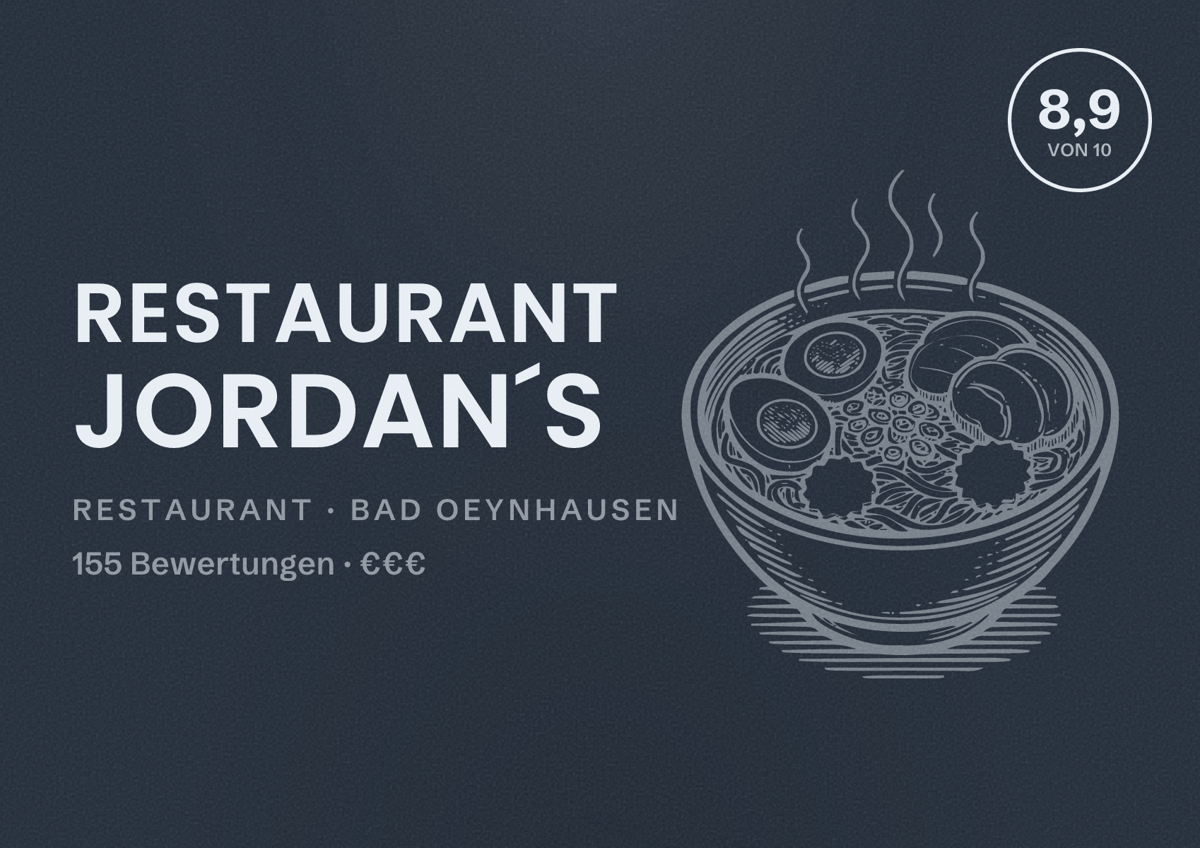Illustriertes Poster von Restaurant Jordan´s, Restaurant in Bad Oeynhausen: Bewertung 8,9 von 10 aus 155 Bewertungen, Preisniveau €€€