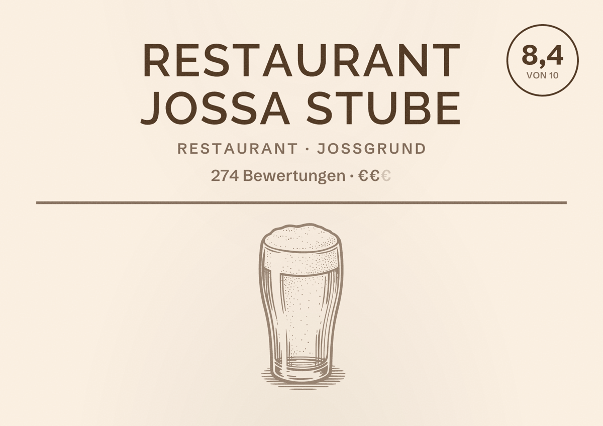 Illustriertes Poster von Restaurant Jossa Stube, Restaurant in Jossgrund: Bewertung 8,4 von 10 aus 274 Bewertungen, Preisniveau €€