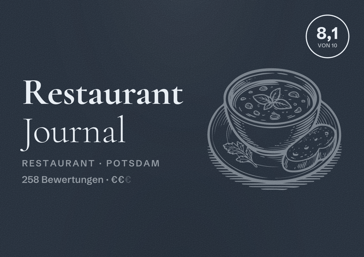 Illustriertes Poster von Restaurant Journal, Restaurant in Potsdam: Bewertung 8,1 von 10 aus 258 Bewertungen, Preisniveau €€