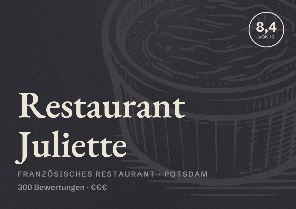 Illustriertes Poster von Restaurant Juliette, Französisches Restaurant in Potsdam: Bewertung 8,4 von 10 aus 300 Bewertungen, Preisniveau €€€