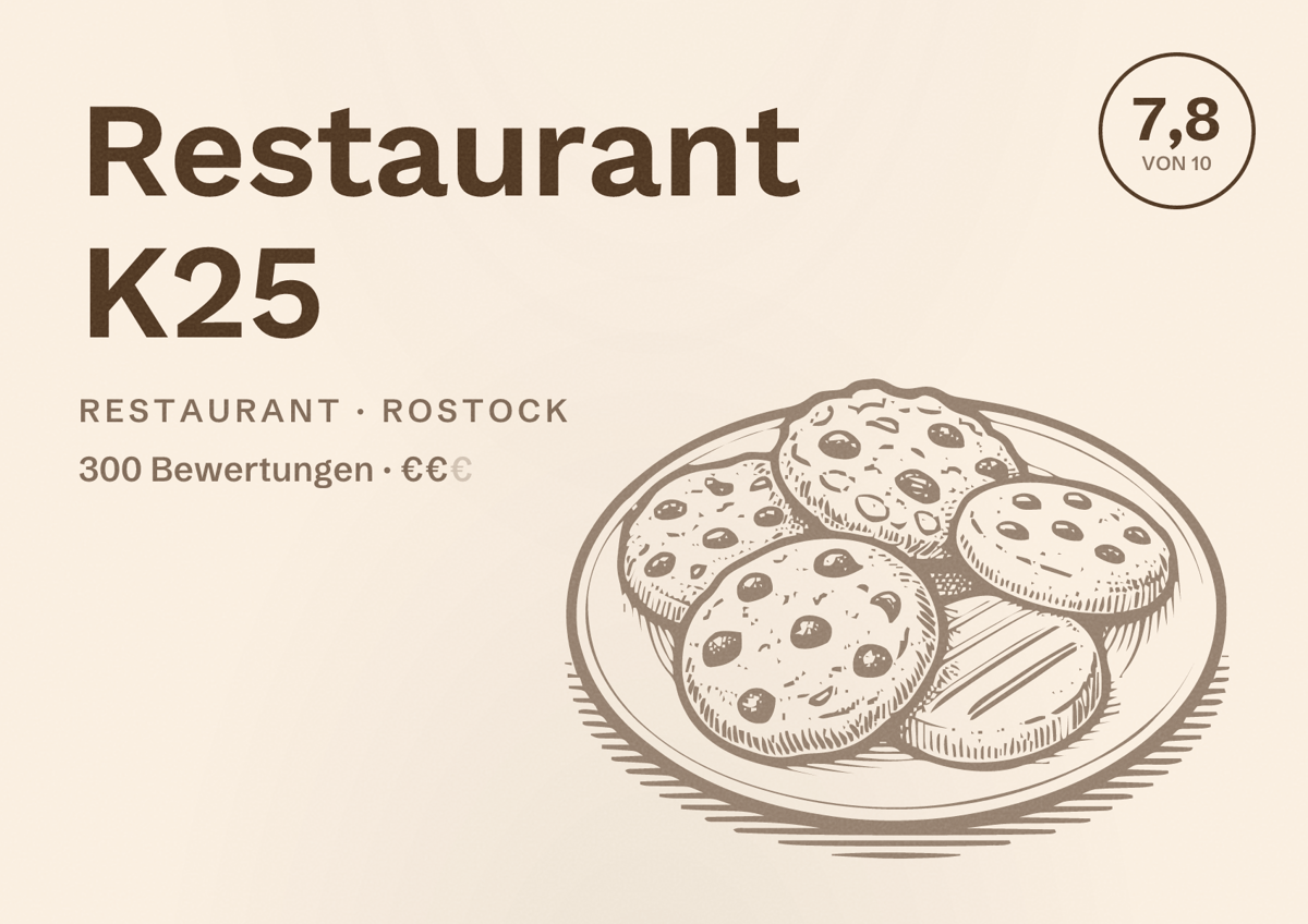 Illustriertes Poster von Restaurant K25, Restaurant in Rostock: Bewertung 7,8 von 10 aus 300 Bewertungen, Preisniveau €€