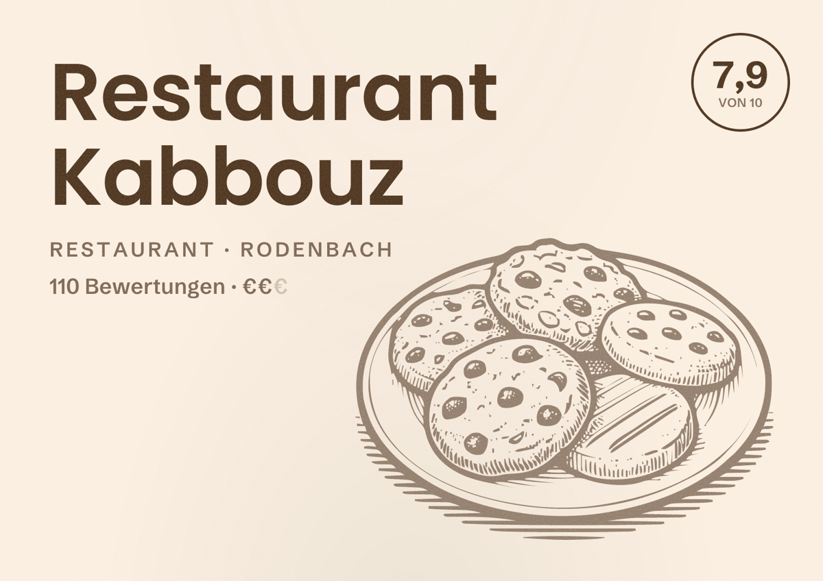 Illustriertes Poster von Restaurant Kabbouz, Restaurant in Rodenbach: Bewertung 7,9 von 10 aus 110 Bewertungen, Preisniveau €€