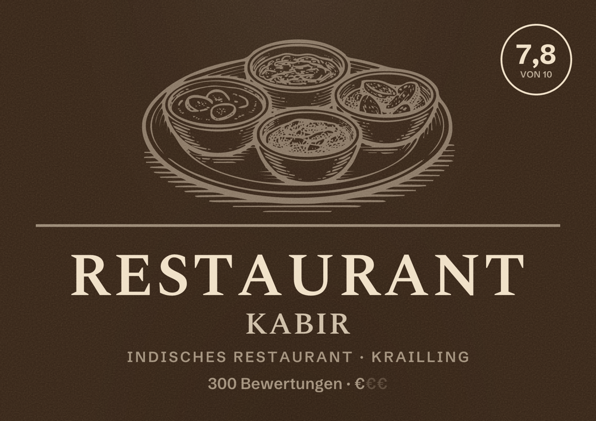 Illustriertes Poster von Restaurant Kabir, Indisches Restaurant in Krailling: Bewertung 7,8 von 10 aus 300 Bewertungen, Preisniveau €