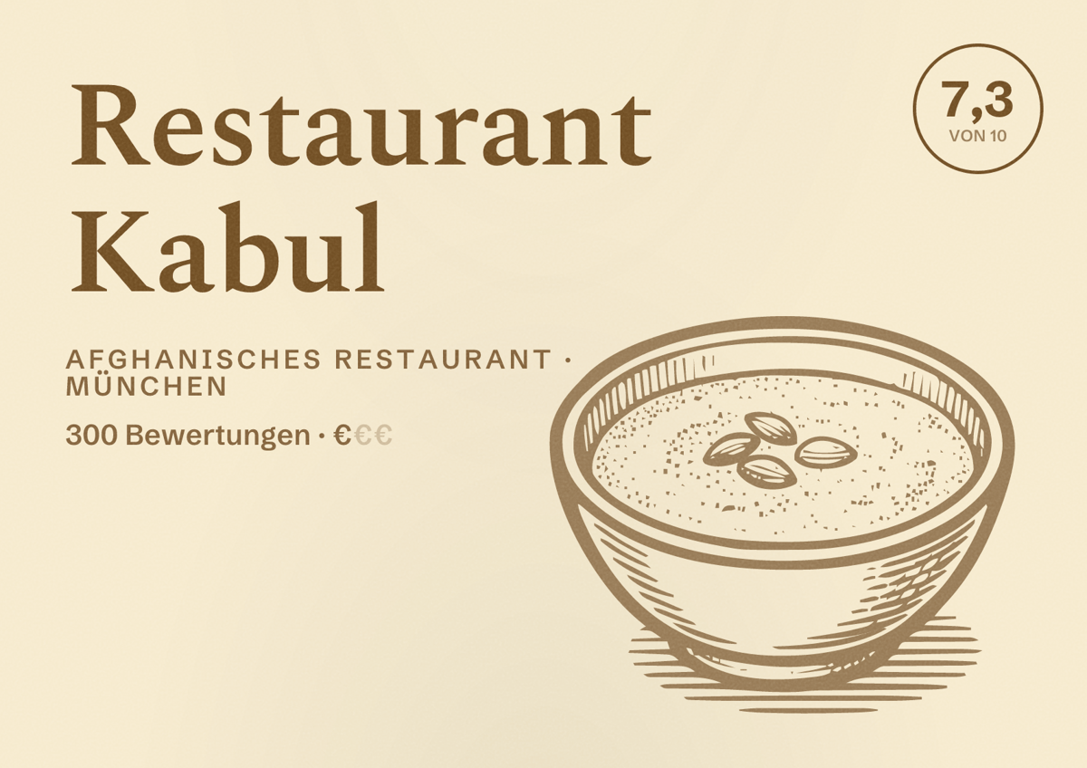 Illustriertes Poster von Restaurant Kabul, Afghanisches Restaurant in München: Bewertung 7,3 von 10 aus 300 Bewertungen, Preisniveau €