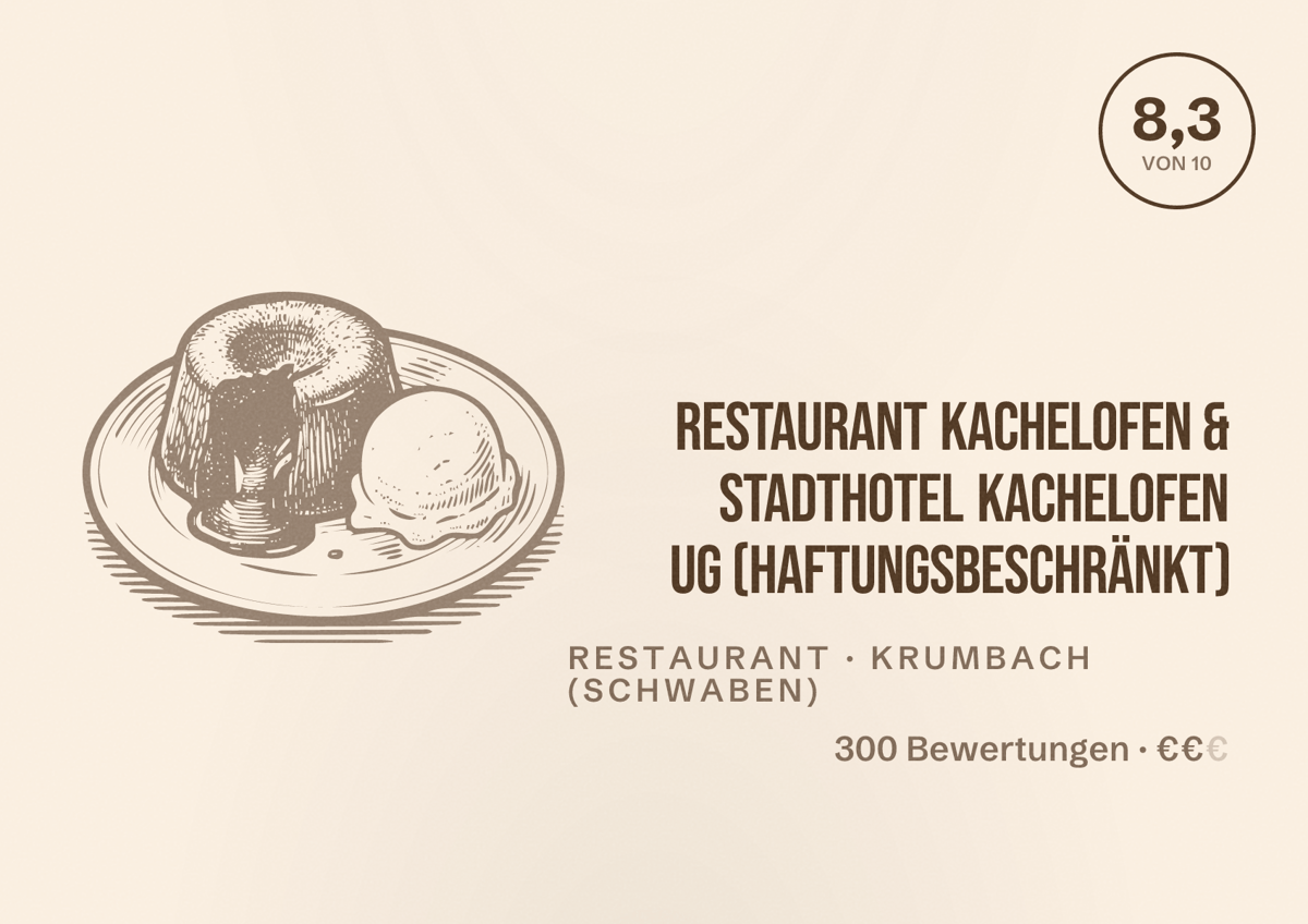 Illustriertes Poster von Restaurant Kachelofen & Stadthotel Kachelofen UG (haftungsbeschränkt), Restaurant in Krumbach (Schwaben): Bewertung 8,3 von 10 aus 300 Bewertungen, Preisniveau €€