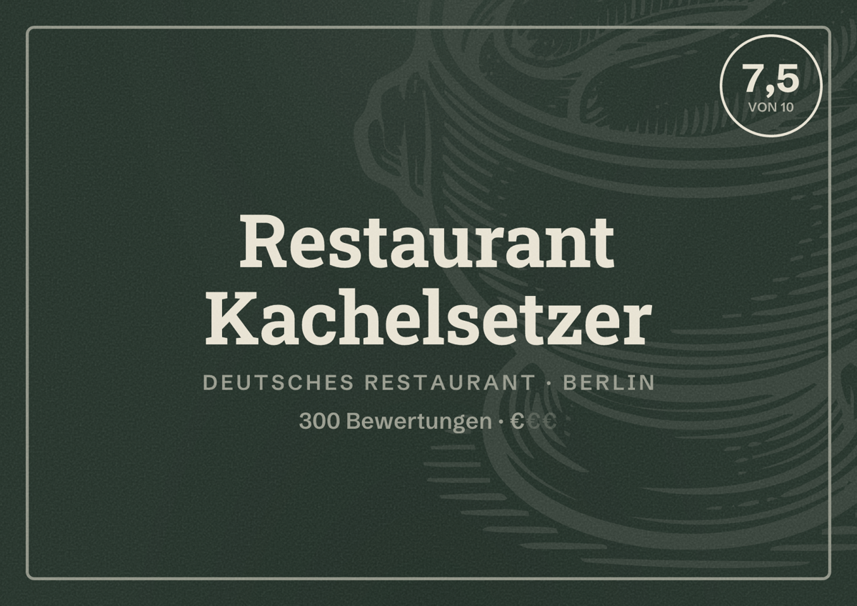 Illustriertes Poster von Restaurant Kachelsetzer, Deutsches Restaurant in Berlin: Bewertung 7,5 von 10 aus 300 Bewertungen, Preisniveau €
