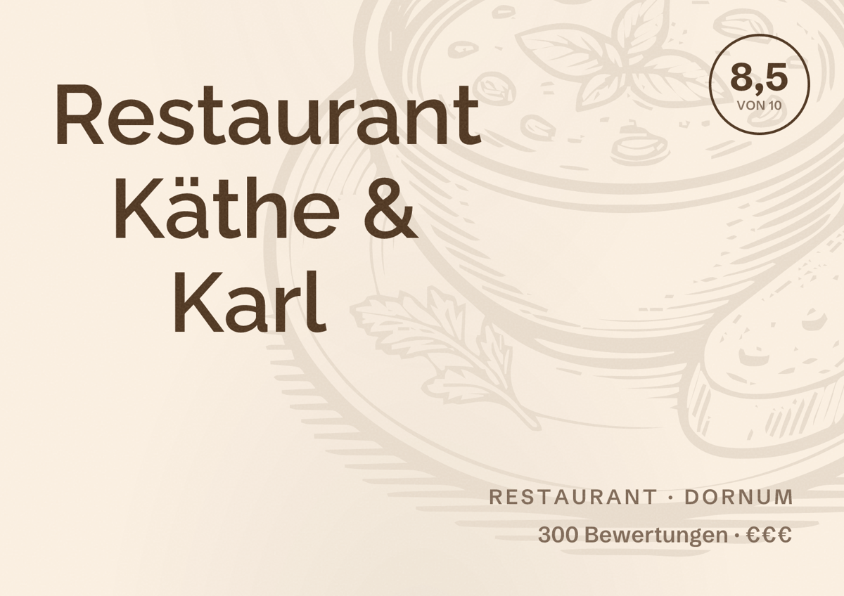 Illustriertes Poster von Restaurant Käthe & Karl, Restaurant in Dornum: Bewertung 8,5 von 10 aus 300 Bewertungen, Preisniveau €€€