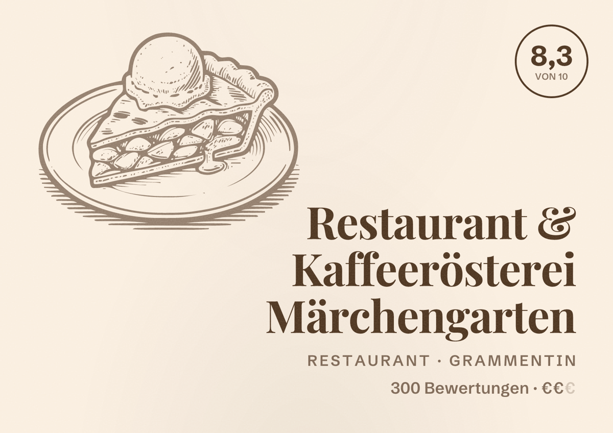 Illustriertes Poster von Restaurant & Kaffeerösterei Märchengarten, Restaurant in Grammentin: Bewertung 8,3 von 10 aus 300 Bewertungen, Preisniveau €€