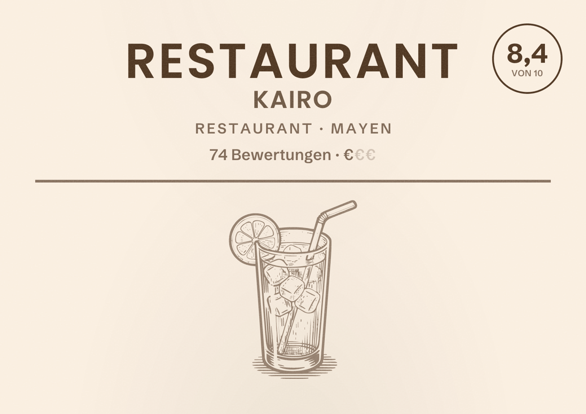 Illustriertes Poster von Restaurant Kairo, Restaurant in Mayen: Bewertung 8,4 von 10 aus 74 Bewertungen, Preisniveau €