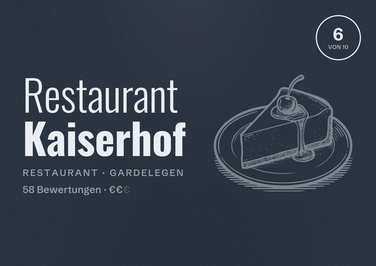 Illustriertes Poster von Restaurant Kaiserhof, Restaurant in Gardelegen: Bewertung 6 von 10 aus 58 Bewertungen, Preisniveau €€