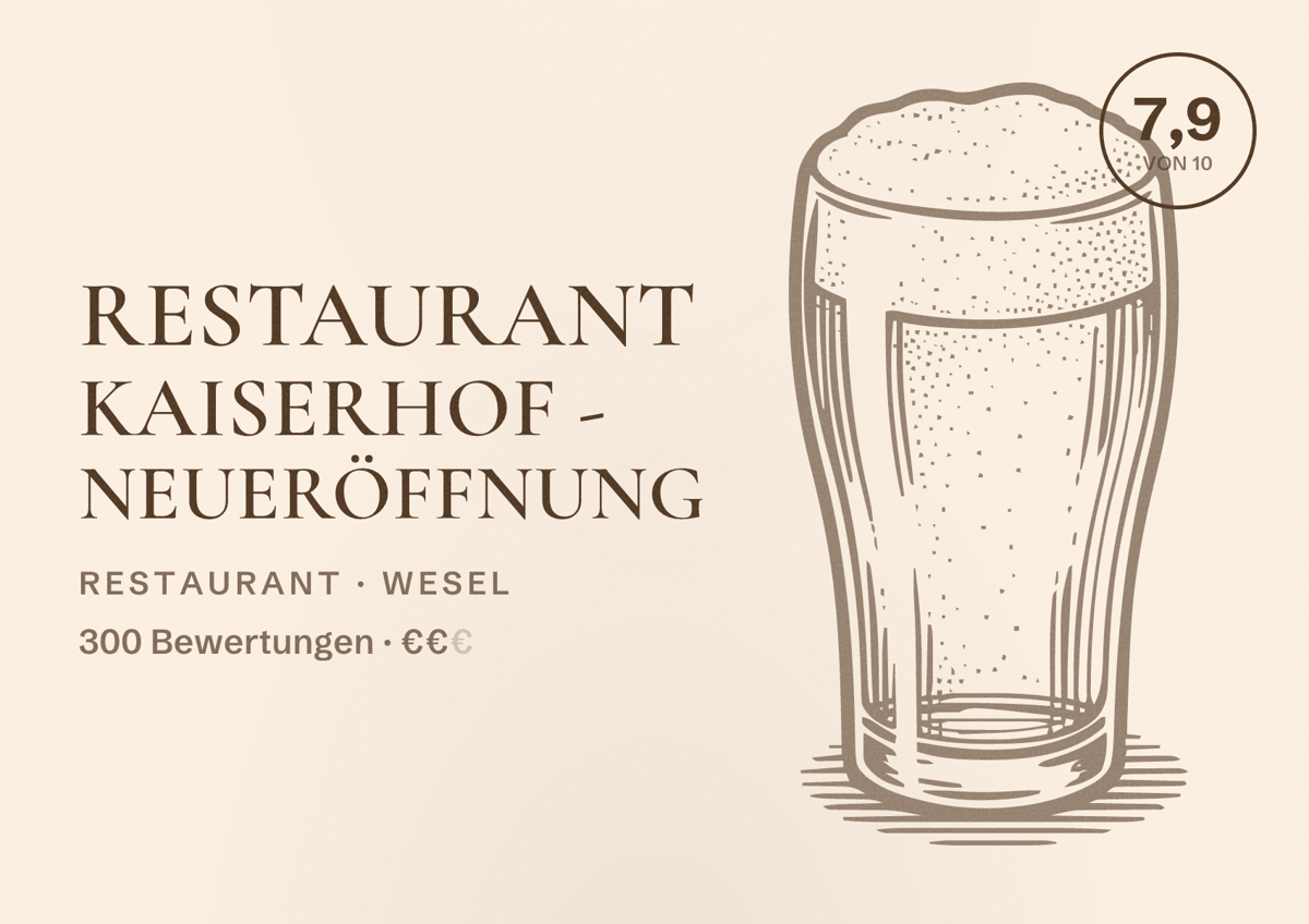 Illustriertes Poster von Restaurant Kaiserhof - Neueröffnung, Restaurant in Wesel: Bewertung 7,9 von 10 aus 300 Bewertungen, Preisniveau €€