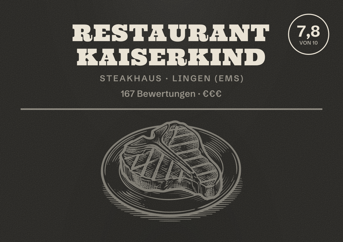 Illustriertes Poster von Restaurant Kaiserkind, Steakhaus in Lingen (Ems): Bewertung 7,8 von 10 aus 167 Bewertungen, Preisniveau €€€