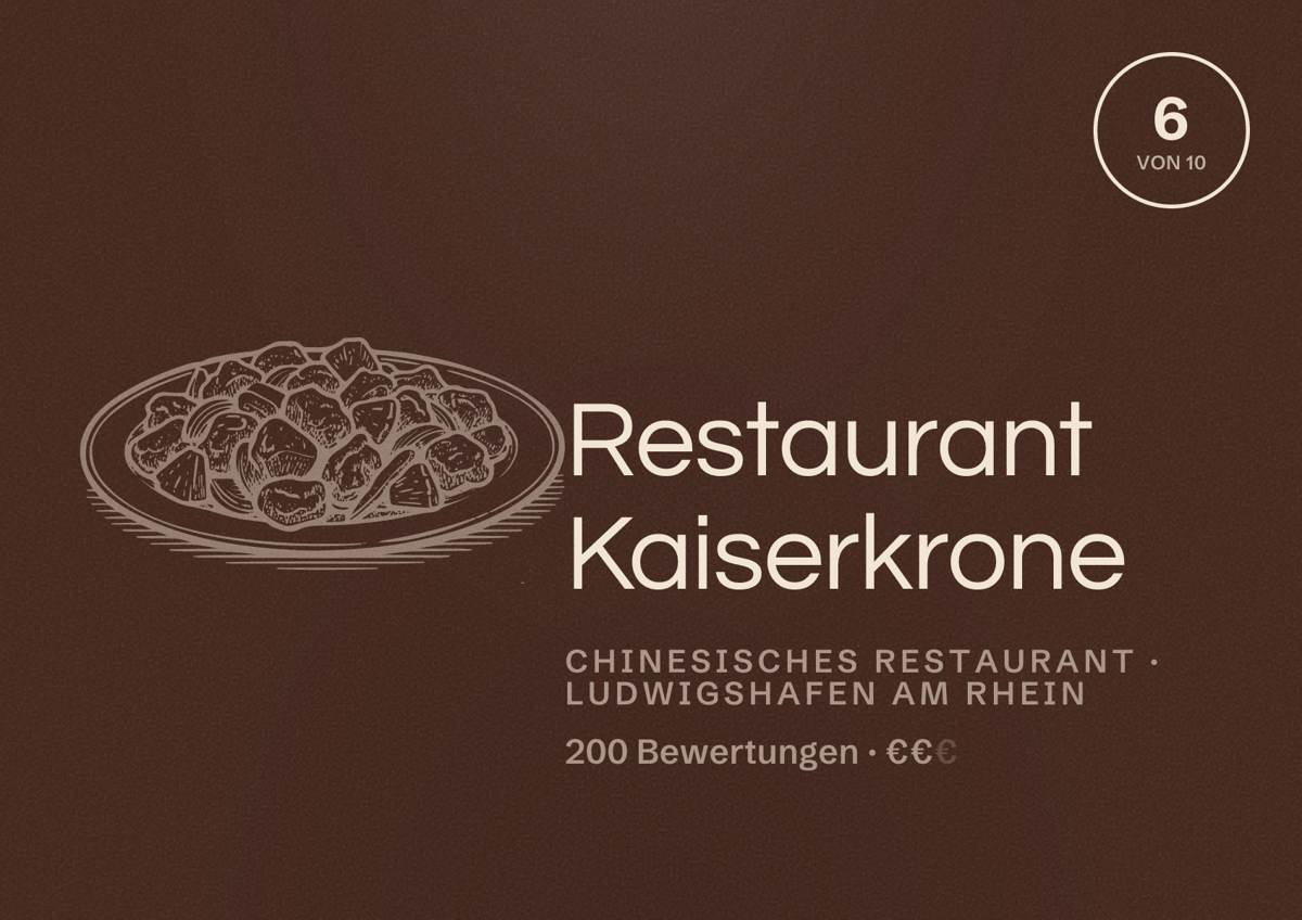 Illustriertes Poster von Restaurant Kaiserkrone, Chinesisches Restaurant in Ludwigshafen am Rhein: Bewertung 6 von 10 aus 200 Bewertungen, Preisniveau €€