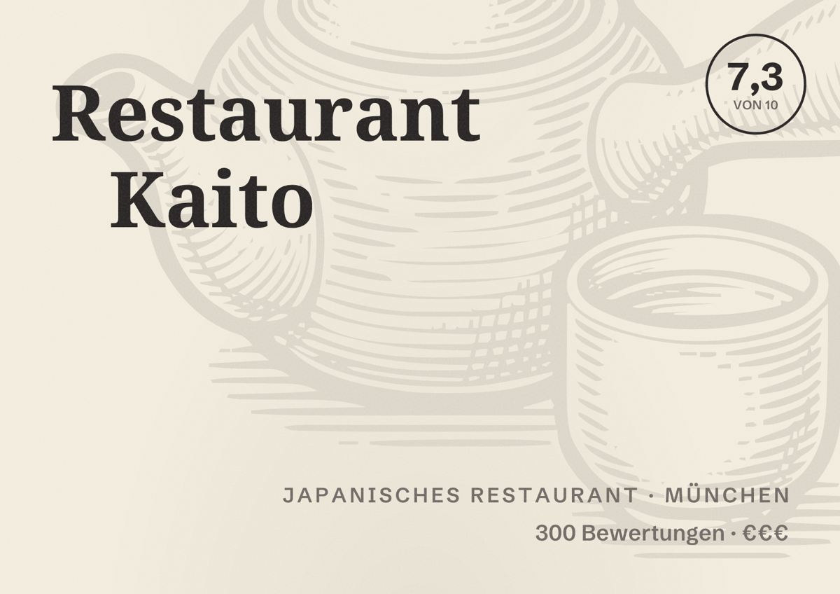 Illustriertes Poster von Restaurant Kaito, Japanisches Restaurant in München: Bewertung 7,3 von 10 aus 300 Bewertungen, Preisniveau €€€