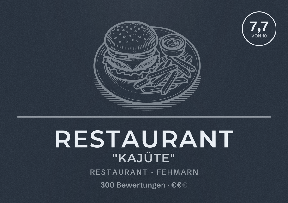 Illustriertes Poster von Restaurant "Kajüte", Restaurant in Fehmarn: Bewertung 7,7 von 10 aus 300 Bewertungen, Preisniveau €€