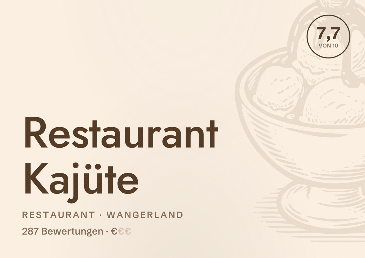 Illustriertes Poster von Restaurant Kajüte, Restaurant in Wangerland: Bewertung 7,7 von 10 aus 287 Bewertungen, Preisniveau €