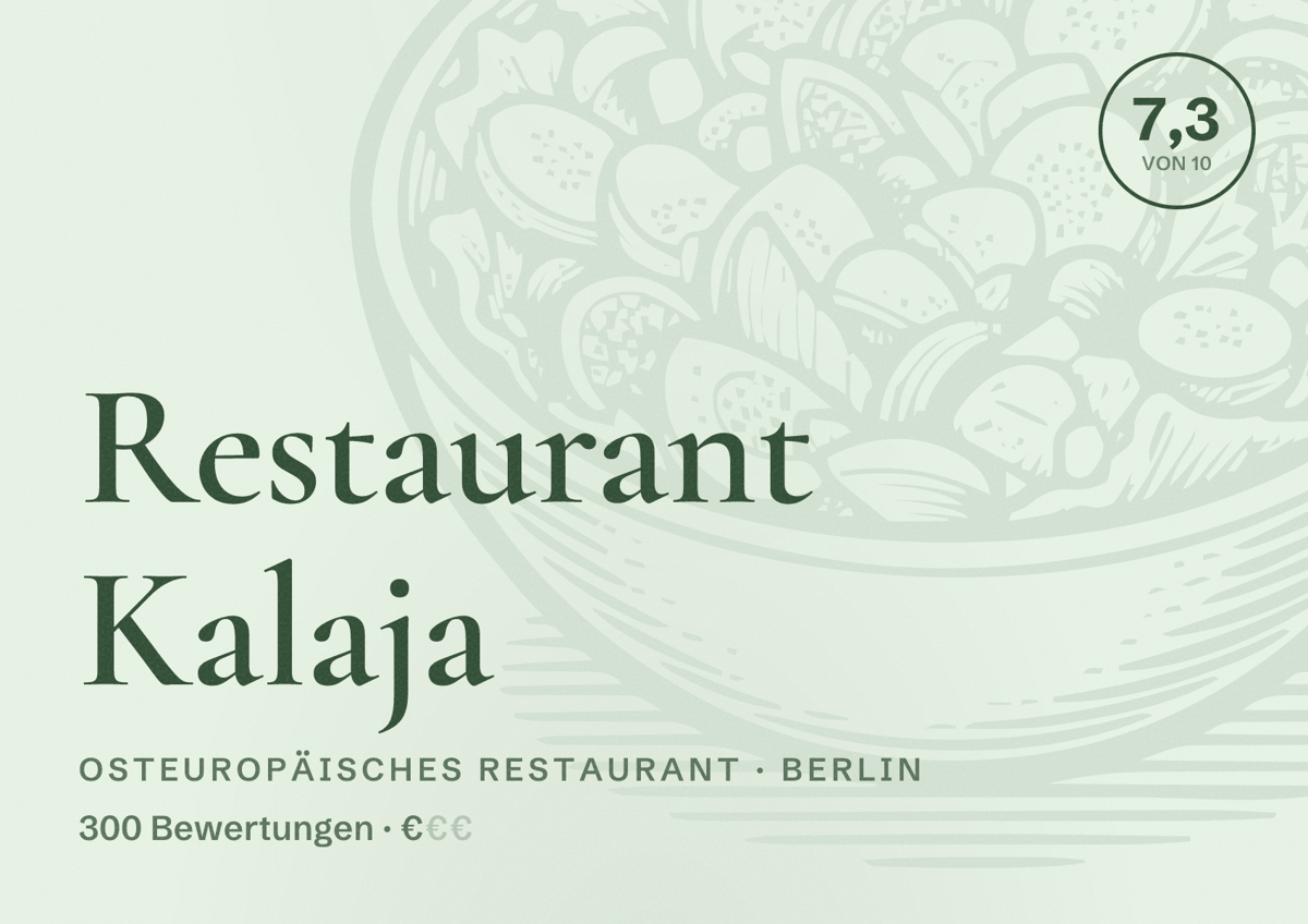 Illustriertes Poster von Restaurant Kalaja, Osteuropäisches Restaurant in Berlin: Bewertung 7,3 von 10 aus 300 Bewertungen, Preisniveau €