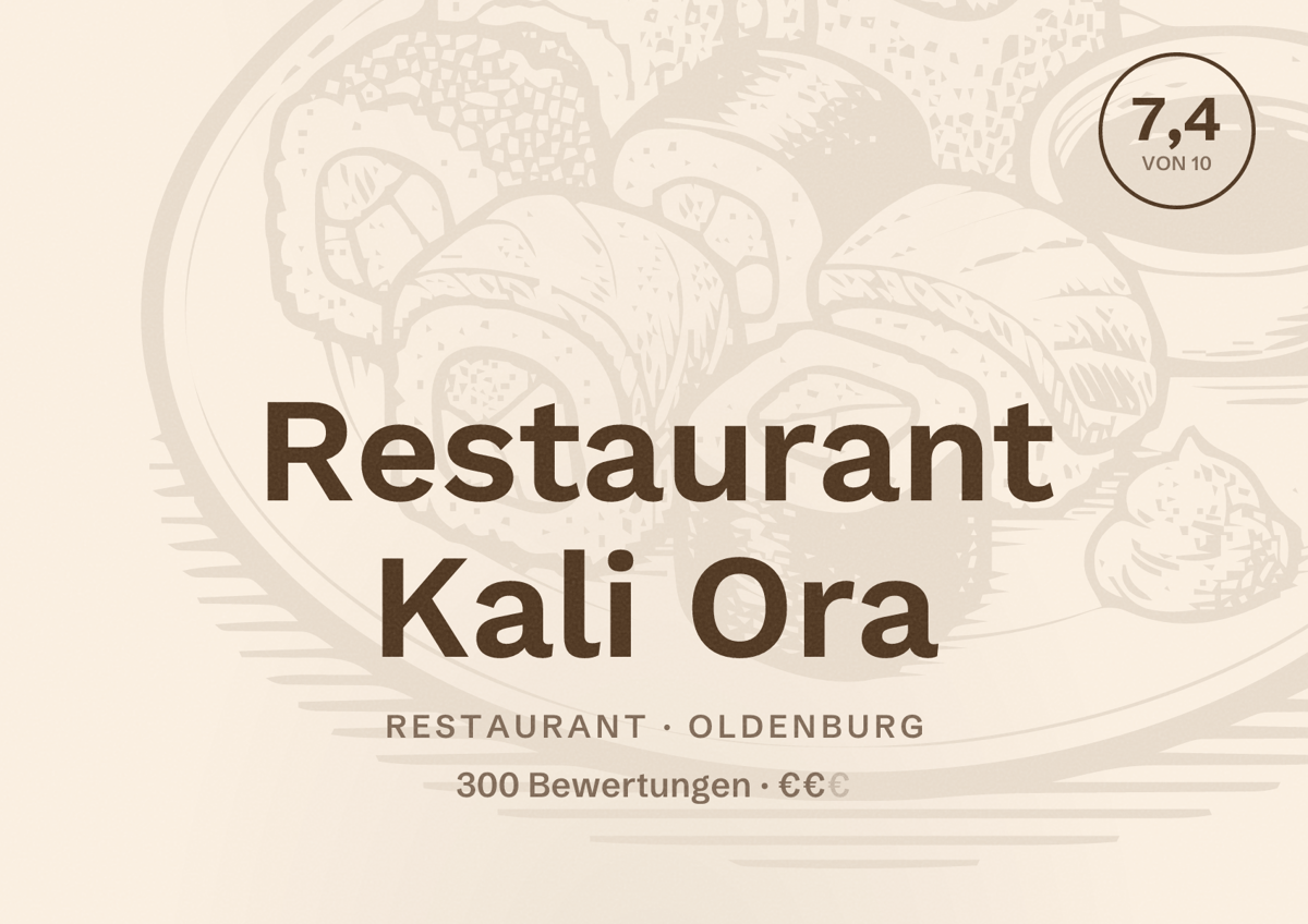 Illustriertes Poster von Restaurant Kali Ora, Restaurant in Oldenburg: Bewertung 7,4 von 10 aus 300 Bewertungen, Preisniveau €€