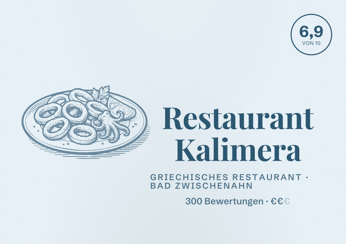Illustriertes Poster von Restaurant Kalimera, Griechisches Restaurant in Bad Zwischenahn: Bewertung 6,9 von 10 aus 300 Bewertungen, Preisniveau €€