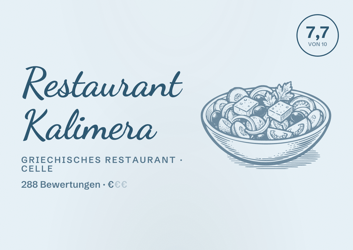 Illustriertes Poster von Restaurant Kalimera, Griechisches Restaurant in Celle: Bewertung 7,7 von 10 aus 288 Bewertungen, Preisniveau €