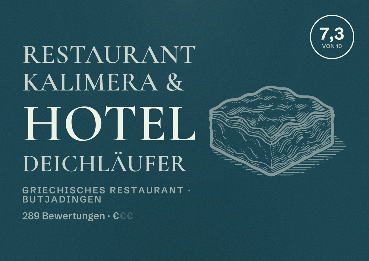 Illustriertes Poster von Restaurant Kalimera & Hotel Deichläufer, Griechisches Restaurant in Butjadingen: Bewertung 7,3 von 10 aus 289 Bewertungen, Preisniveau €