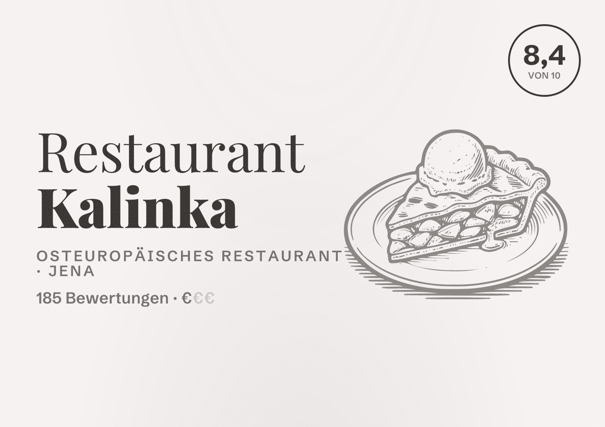 Illustriertes Poster von Restaurant Kalinka, Osteuropäisches Restaurant in Jena: Bewertung 8,4 von 10 aus 185 Bewertungen, Preisniveau €