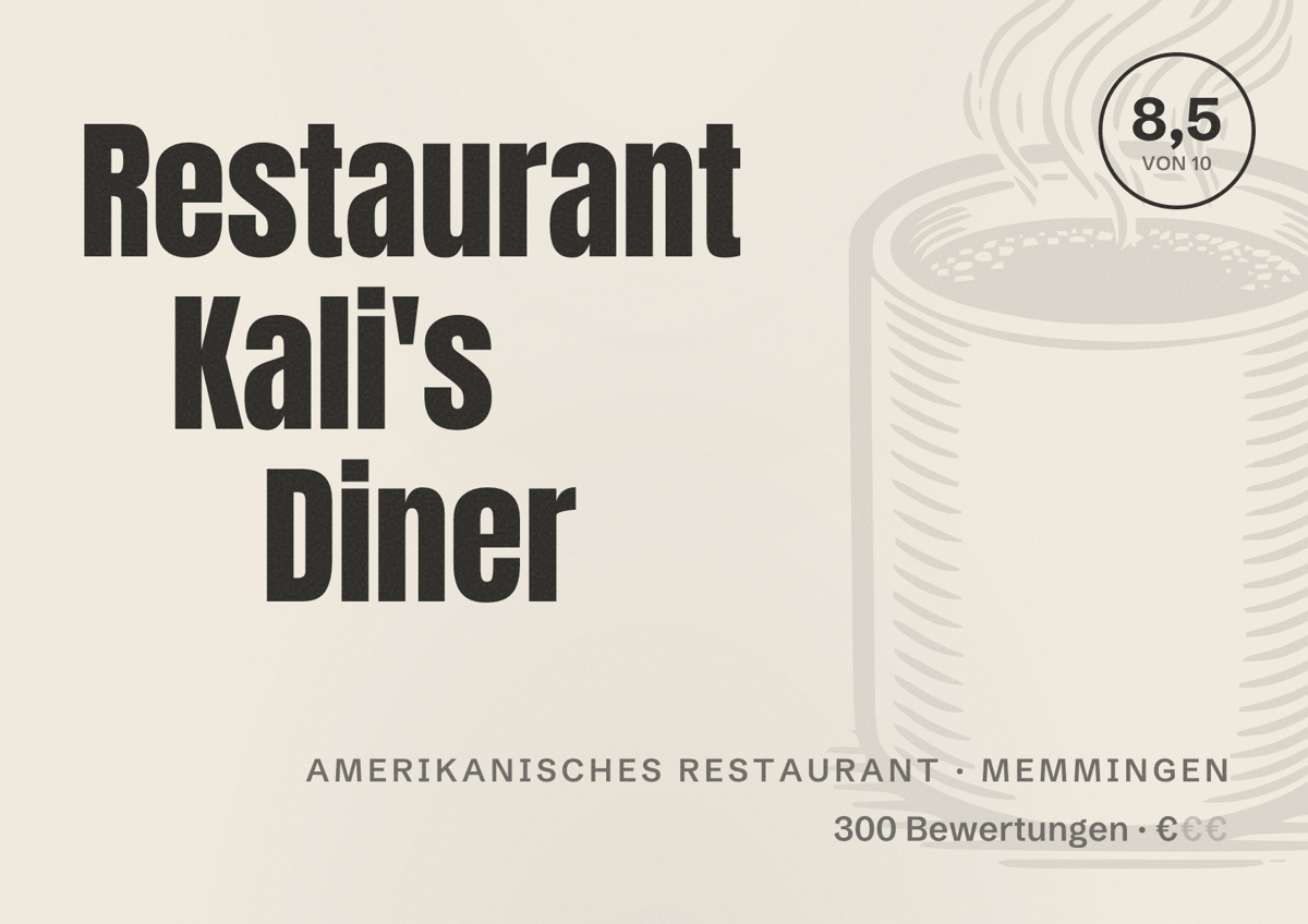 Illustriertes Poster von Restaurant Kali's Diner, Amerikanisches Restaurant in Memmingen: Bewertung 8,5 von 10 aus 300 Bewertungen, Preisniveau €