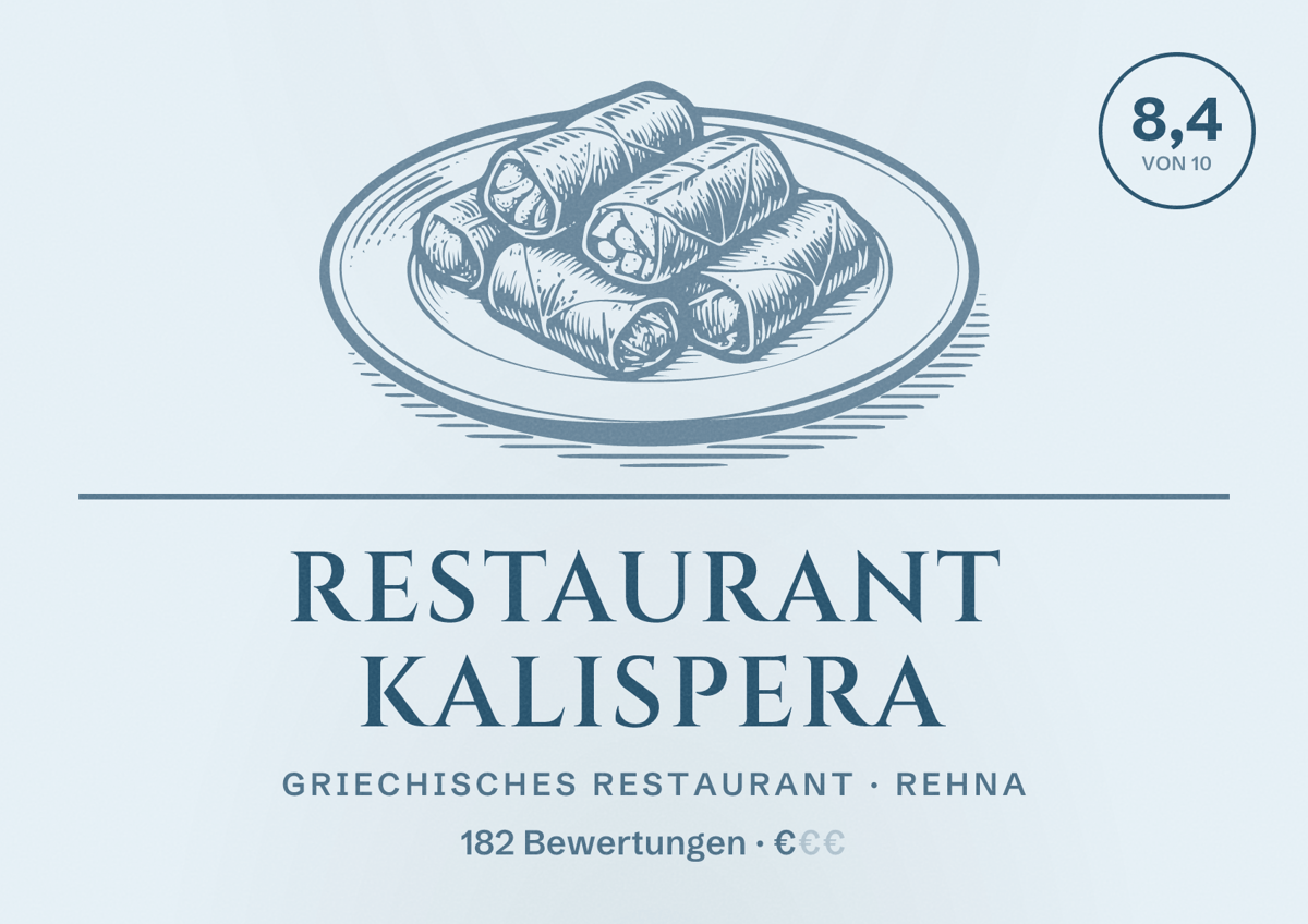 Illustriertes Poster von Restaurant Kalispera, Griechisches Restaurant in Rehna: Bewertung 8,4 von 10 aus 182 Bewertungen, Preisniveau €