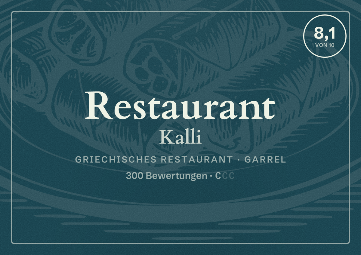 Illustriertes Poster von Restaurant Kalli, Griechisches Restaurant in Garrel: Bewertung 8,1 von 10 aus 300 Bewertungen, Preisniveau €