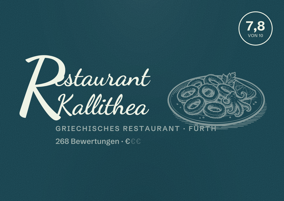 Illustriertes Poster von Restaurant Kallithea, Griechisches Restaurant in Fürth: Bewertung 7,8 von 10 aus 268 Bewertungen, Preisniveau €