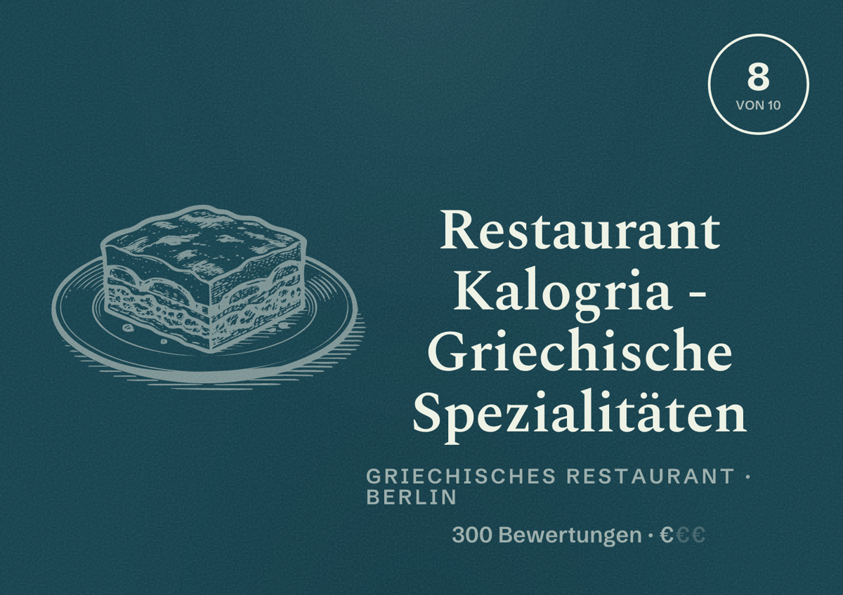 Illustriertes Poster von Restaurant Kalogria - Griechische Spezialitäten, Griechisches Restaurant in Berlin: Bewertung 8,0 von 10 aus 300 Bewertungen, Preisniveau €