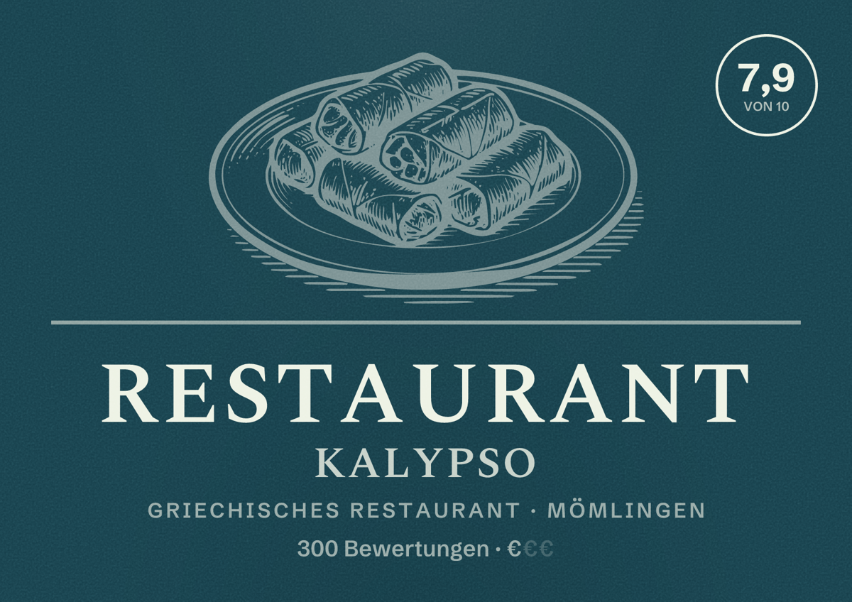 Illustriertes Poster von Restaurant Kalypso, Griechisches Restaurant in Mömlingen: Bewertung 7,9 von 10 aus 300 Bewertungen, Preisniveau €