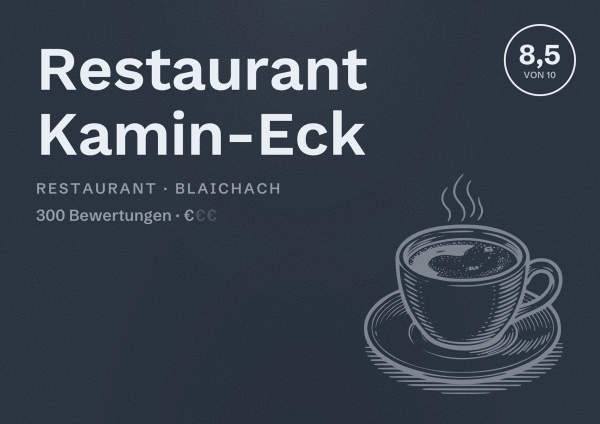 Illustriertes Poster von Restaurant Kamin-Eck, Restaurant in Blaichach: Bewertung 8,5 von 10 aus 300 Bewertungen, Preisniveau €