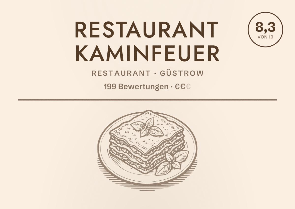 Illustriertes Poster von Restaurant Kaminfeuer, Restaurant in Güstrow: Bewertung 8,3 von 10 aus 199 Bewertungen, Preisniveau €€