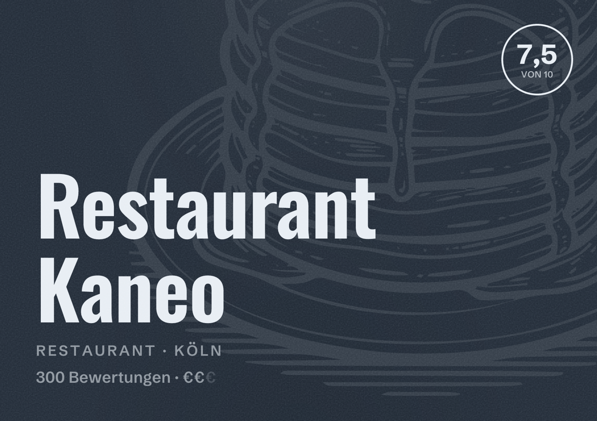 Illustriertes Poster von Restaurant Kaneo, Restaurant in Köln: Bewertung 7,5 von 10 aus 300 Bewertungen, Preisniveau €€