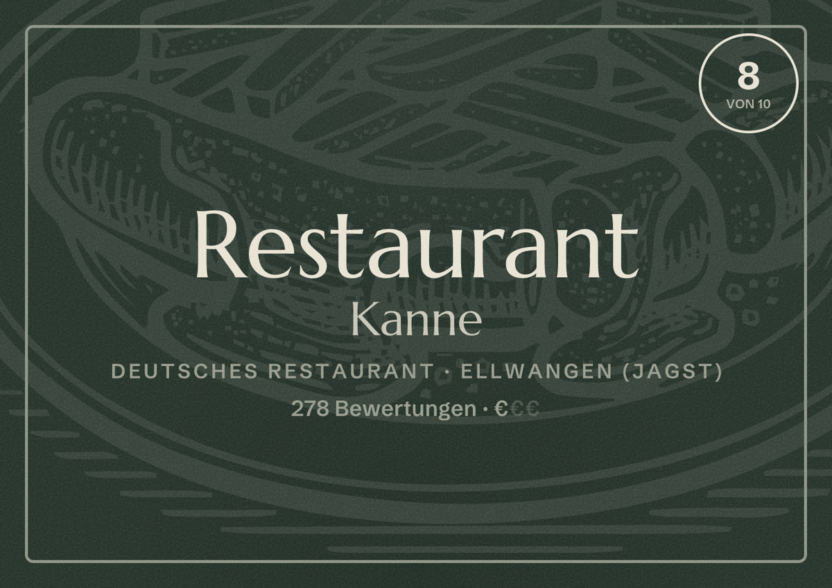 Illustriertes Poster von Restaurant Kanne, Deutsches Restaurant in Ellwangen (Jagst): Bewertung 8 von 10 aus 278 Bewertungen, Preisniveau €