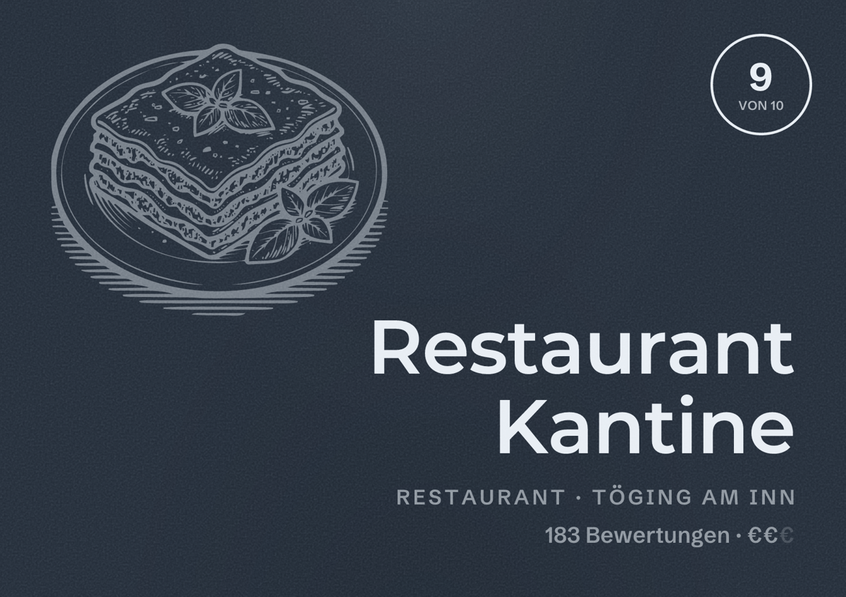 Illustriertes Poster von Restaurant Kantine, Restaurant in Töging am Inn: Bewertung 9 von 10 aus 183 Bewertungen, Preisniveau €€