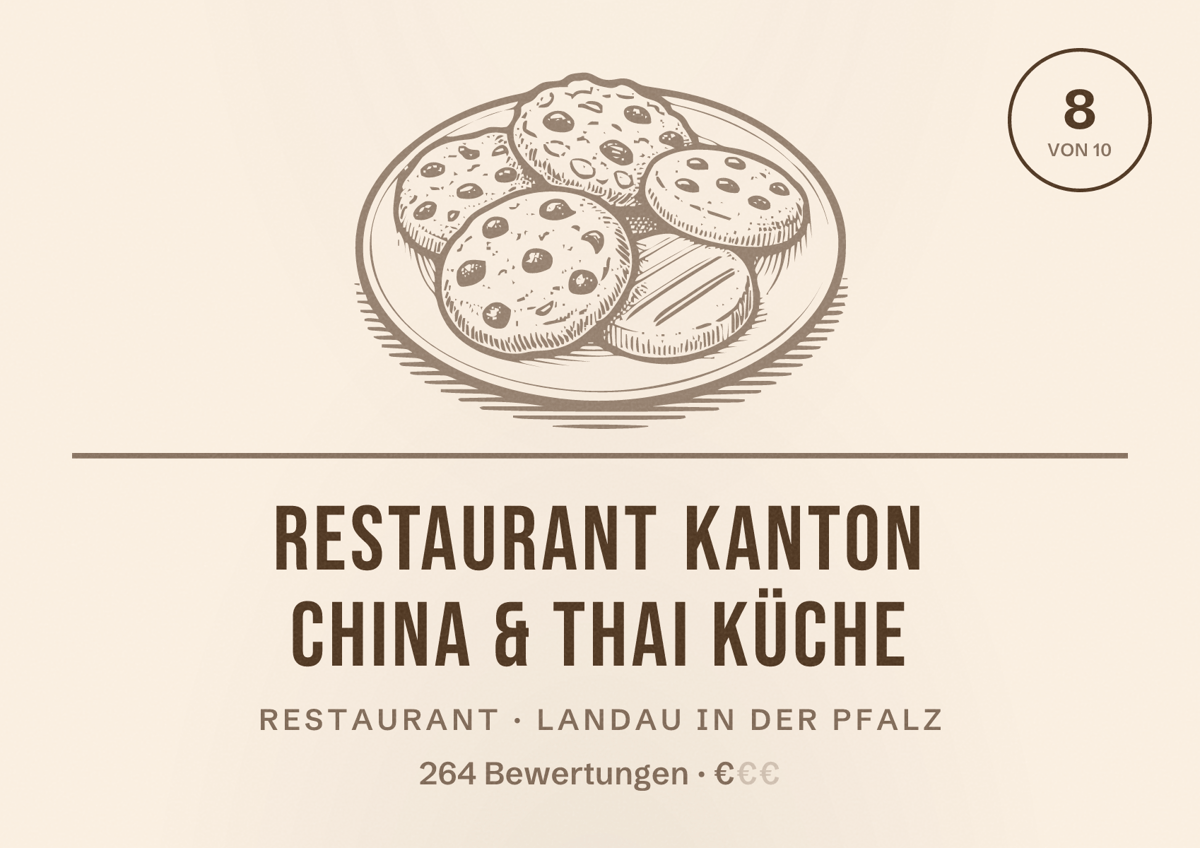 Illustriertes Poster von Restaurant Kanton China & Thai Küche, Restaurant in Landau in der Pfalz: Bewertung 8 von 10 aus 264 Bewertungen, Preisniveau €
