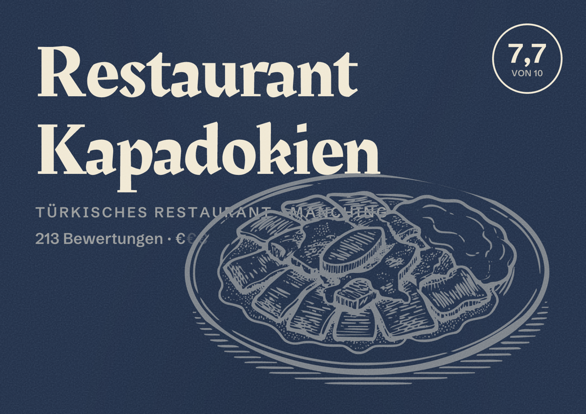 Illustriertes Poster von Restaurant Kapadokien, Türkisches Restaurant in Manching: Bewertung 7,7 von 10 aus 213 Bewertungen, Preisniveau €